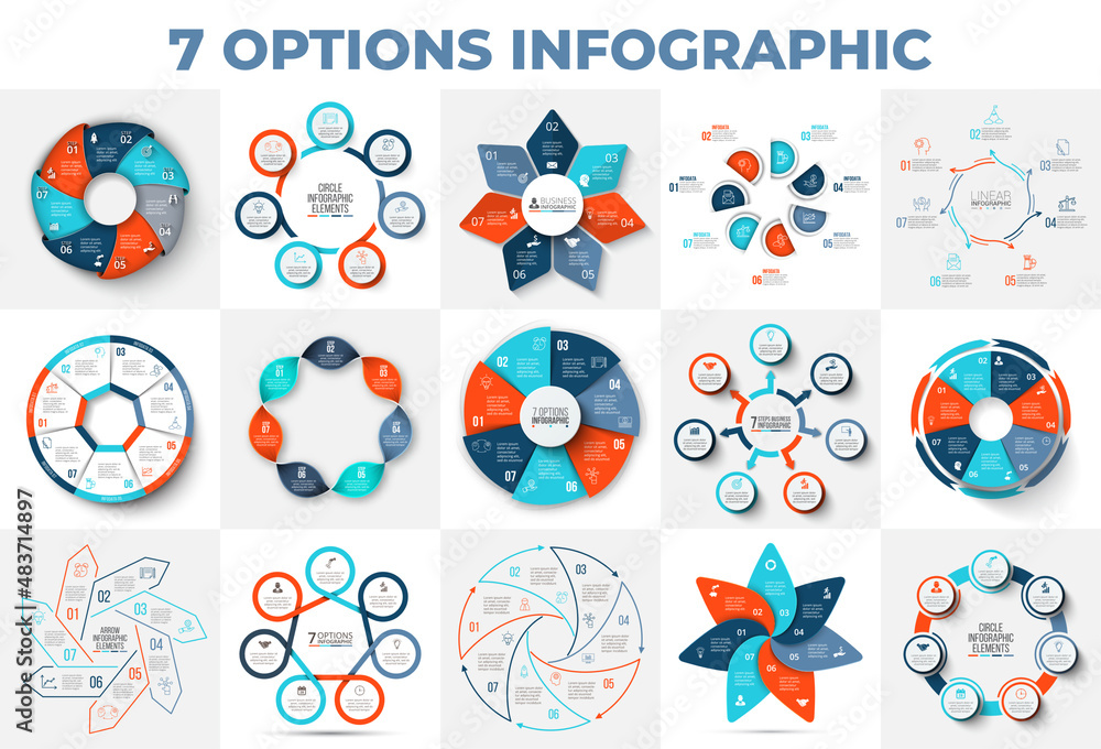 Fototapeta premium Big chart set with 7 options, steps or parts. Circles, arrows, heptagons and line infographics for presentations, advertisements or websites