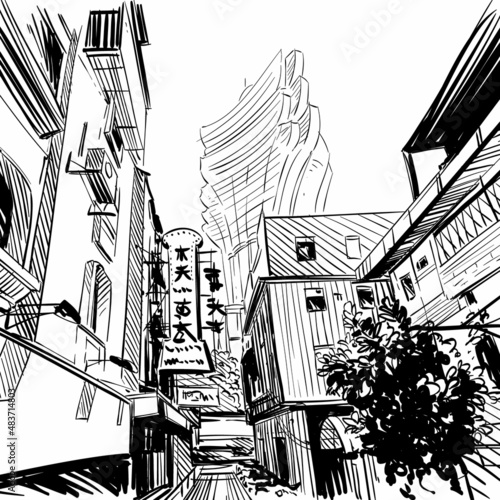 Hand drawn China city sketch, banner design. Vector illustration