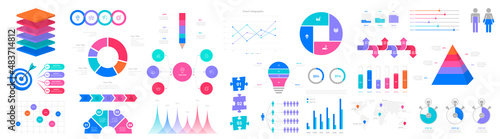 Big bundle of infographic elements. Pyramid, target, lightbulb, statistic, timelines and map