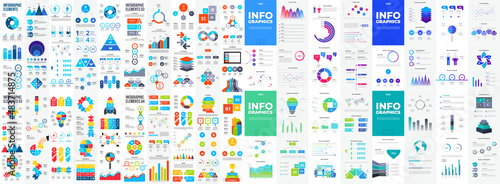 Massive infographics bundle and A4 brochure papers. Collection of presentation elements - rocket, lightbulb, timelines, cycle and other abstract elements