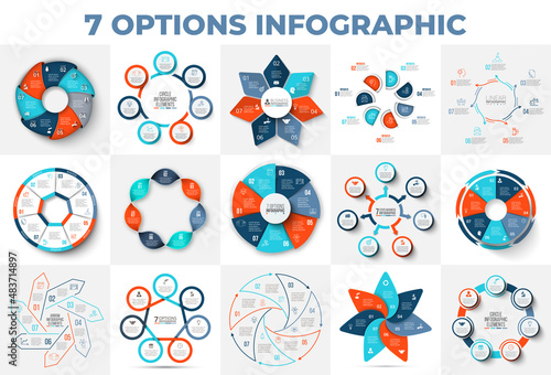 Big chart set with 7 options, steps or parts. Circles, arrows, heptagons and line infographics for presentations, advertisements or websites