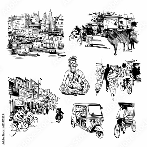 Hand drawn set of India life. Vector illustration