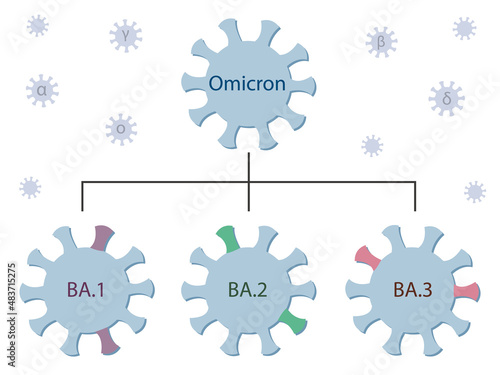 Omicron variant and its subtypes  BA.1, BA.2 and BA.3. Omicron genetic family tree. Covid-19 virus icons with names. Small viruses with the greek letters alpha, beta, gamma, delta flying around.