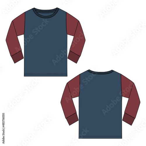 Two tone Navy, red Color long Sleeve basic T shirt Technical Fashion Flat sketch Vector Illustration Template Front, back views. Apparel design Mock up drawing illustration. Easy edit and customizable