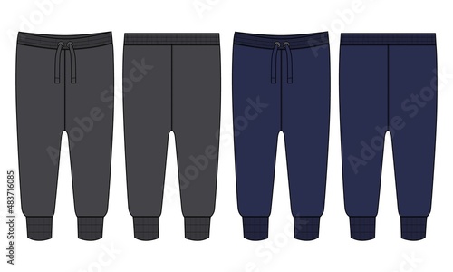Black and navy color Basic Sweat pant technical fashion flat sketch template front, back views. Apparel Fleece Cotton jogger pants vector illustration drawing mock up for kids and boys.
