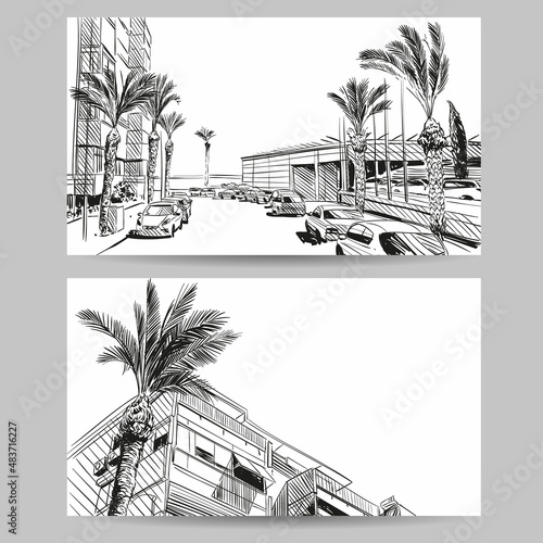Resort hand drawn sketch, banner element design. Vector illustration
