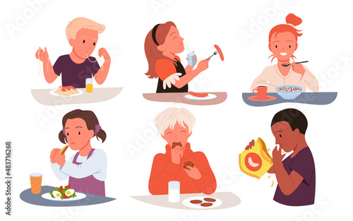 Boys and girls eat food set vector illustration. Cartoon healthy or unhealthy meal on lunch, dinner or breakfast of kid, cute hungry children eating pasta sausage muesli salad isolated on white