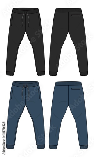 Black and navy color Basic Sweat pant technical fashion flat sketch template front, back views. Apparel Fleece Cotton jogger pants vector illustration drawing mock up for kids and boys. 