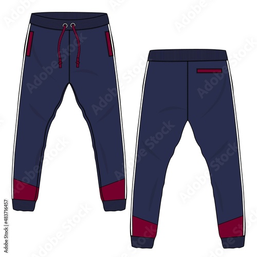 Fleece fabric Jogger Sweatpants overall technical fashion flat sketch vector illustration template front, back views isolated on white background. Apparel Clothing Design Mock up Navy blue Color CAD.
