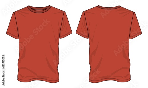 Regular fit Short sleeve T-shirt technical Sketch fashion Flat Template With Round neckline. Vector illustration basic apparel design red color mock up front and Back view isolated on white background