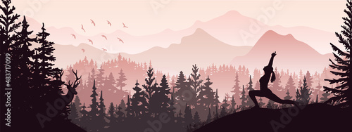 Horizontal banner. Silhouette of girl practicing yoga on meadow in forrest. Yoga sun salutation. Healthy lifestyle, trees, grass. Magical misty landscape, mountains, fog. Violet illustration. 