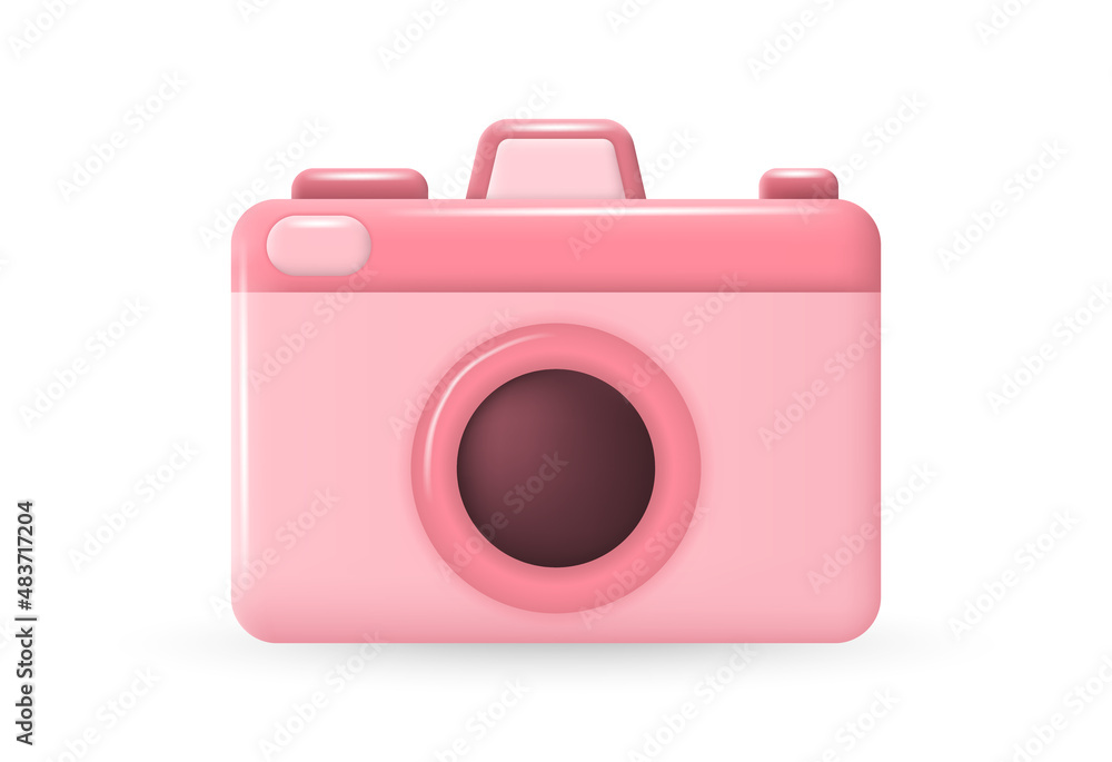 Photo camera. Pink gadget with lens and buttons. 3d vector icon. Cartoon minimal style. Realistic isolated vector Photo camera. Pink gadget with lens and buttons. 3d vector icon. Cartoon minimal style. Realistic isolated vector