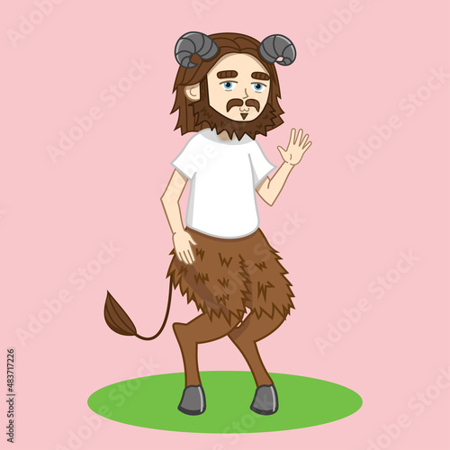 cartoon cute faun bearded man in t-shirt with goat legs and horns