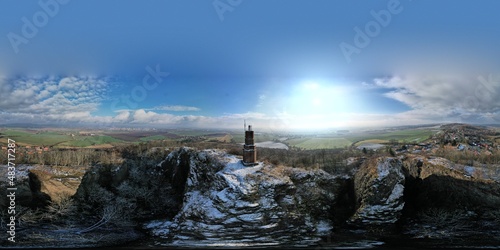 The ruins of the castle Veliš-Zřícenina hradu Veliš lookout tower Lookout point aerial scenic panorama view Czech republic
 photo