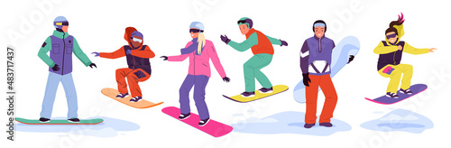 Cartoon happy snowboarders jump from snow mountain slope, adult persons snowboarding, extreme sport and hobby isolated on white