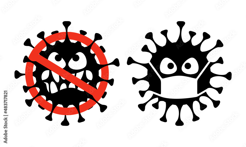 Virus cartoon characters. Red sign caution coronavirus. Character with a medical mask on his face