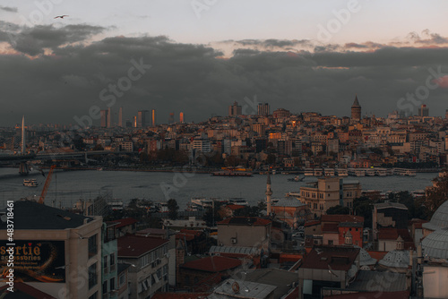 Black Sea  moody evening sky and beautiful view of Istanbul city with vintage buildings  Turkey