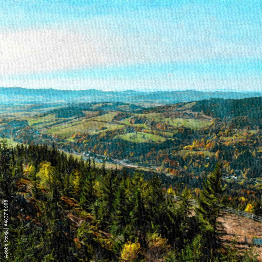 Obraz premium Oil paint on canvas wall art. Beauty landscape nature scene. Large size print. Touristic place. Vacation scene drawing. Beautiful view.