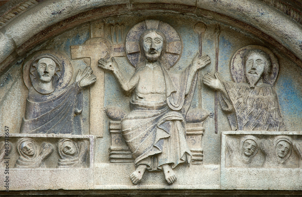 Gemona Del Friuli. Udine. Lunetta del portale del Duomo con il Cristo tra Santi