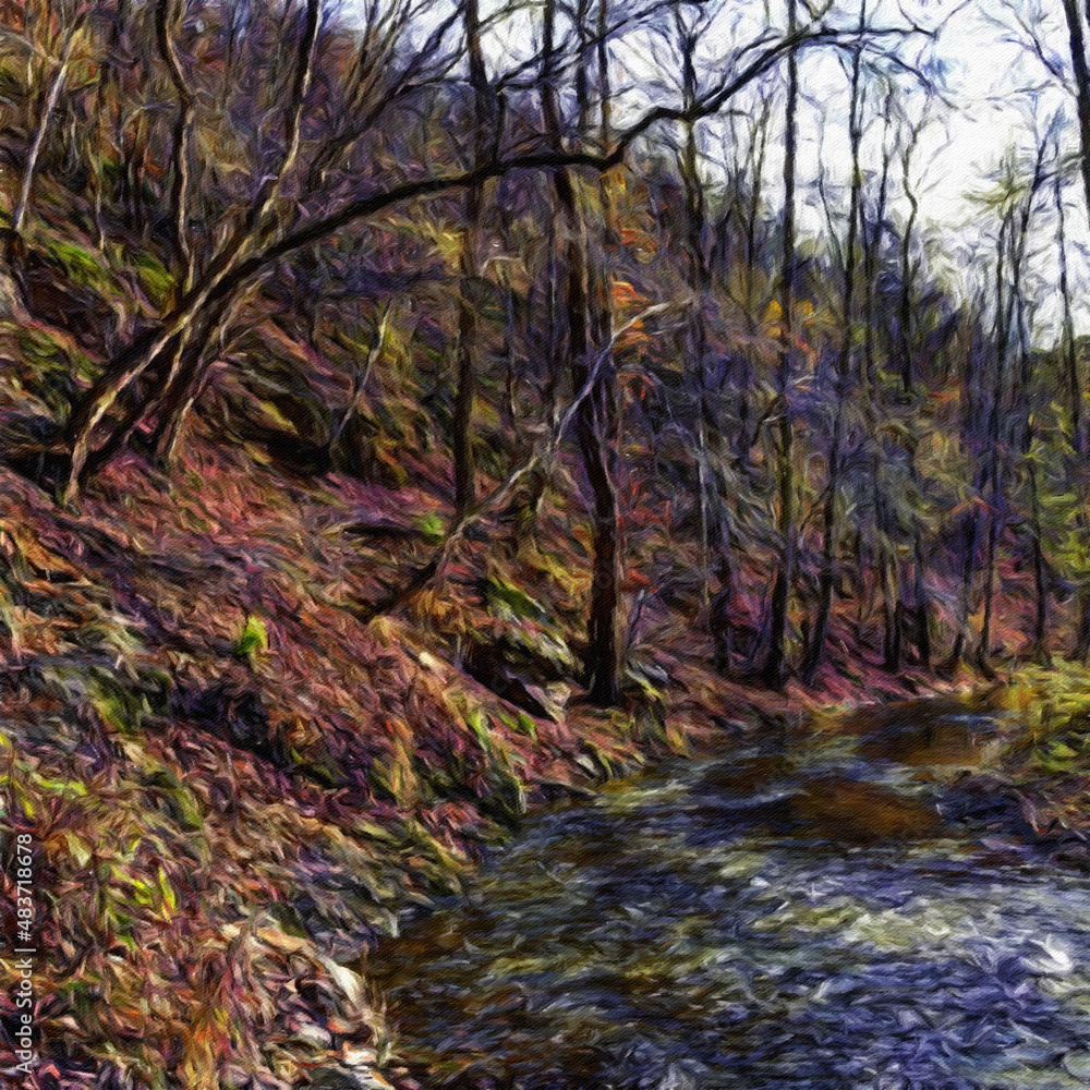 Fototapeta premium Oil paint on canvas wall art. Beauty landscape nature scene. Large size print. Touristic place. Vacation scene drawing. Beautiful view.