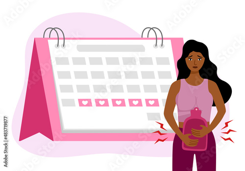 African woman having period pain in flat design vector illustration. Menstrual cycle calendar concept.