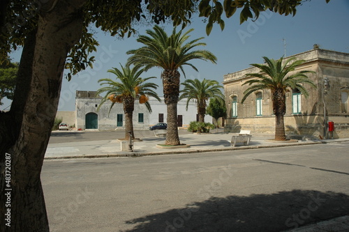 Acaia, Lecce. Veduta di case del centro con palme