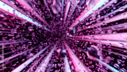 Camera accelerate through abstract pink tunnel with sparkling liquid fuel drops floating in cyberspace. Stunning futuristic motion design animation