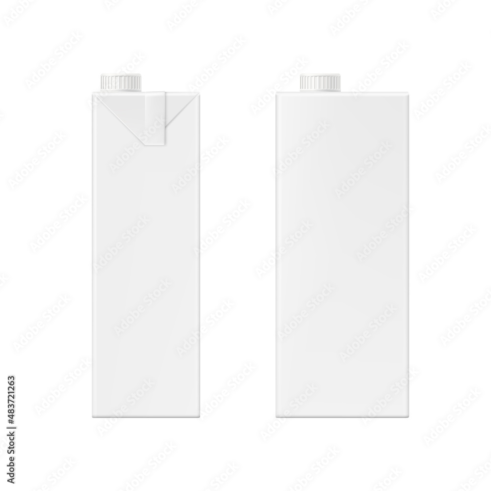 Fototapeta premium Realistic vector 3d milk or juice box mockup. Isolated template of cardboard packaging with lid. Front and side view.