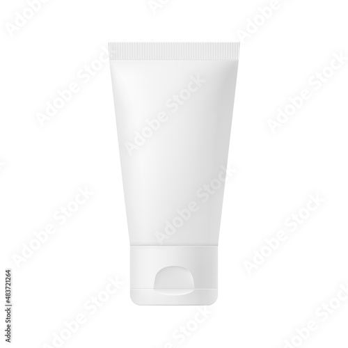 Realistic vector mockup of a white empty package. 3D illustration of a plastic tube with lid for cosmetics, gel, lotion, body cream, suntan lotion, toothpaste. Front view.