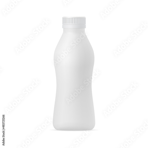 Realistic 3d vector illustration of a bottle for drinking yogurt. Mockup of a plastic package for milk, dairy drinks with a lid on white background. Template for design.