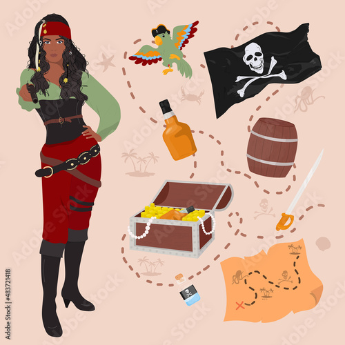 Female pirate. Set of pirate items, treasure chest, flag, parrot, map, barrel, sword, poison, rum.