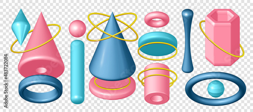 Geometric 3D shapes realistic blue pink and blue with gold rings. A vector realistic set of abstract rendering figures, sphere, cone, pyramid, octahedron, and torus. Forms of volumetric geometry are