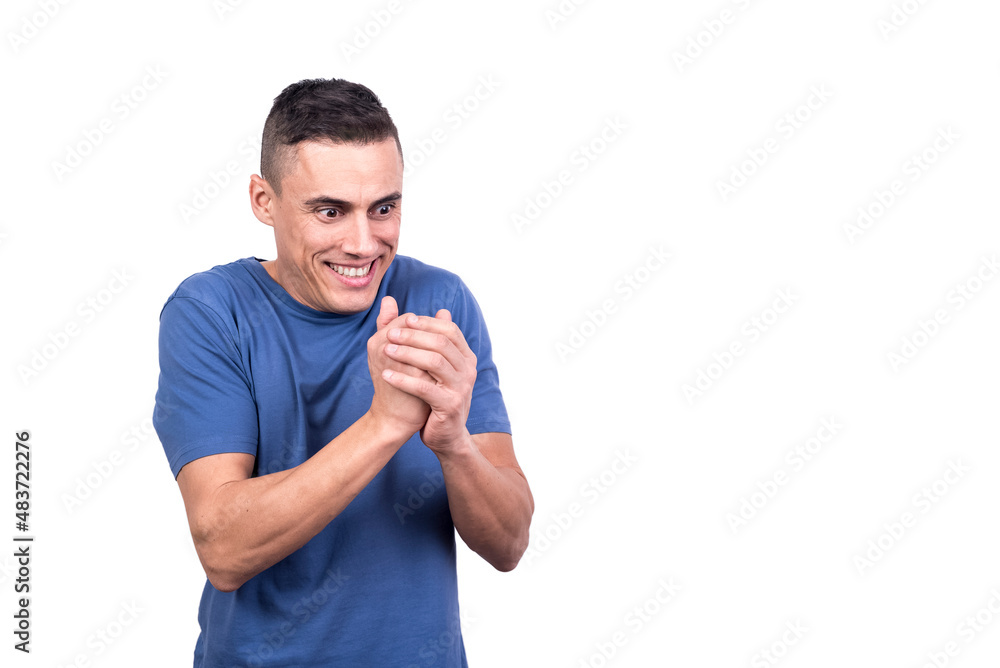 Man scrubbing his hands with a greedy expression Man scrubbing his hands with a greedy expression