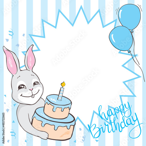 Set of baby shower invitation with cartoon horse, rabbit, helium balloons, flowers and clouds on blue and pink background. It's a boy. It's a girl. Vector illustration