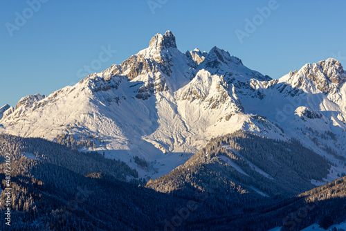 The 'Bischofsmütze' mountain peak in the Austrian alps at sunset in wintertime (Filzmoos, Austria)