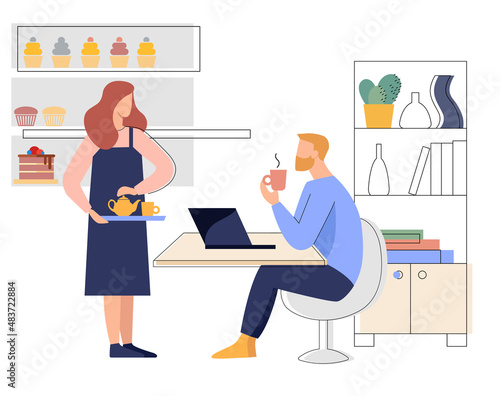A man in a cafe with a laptop. The waitress brings tea