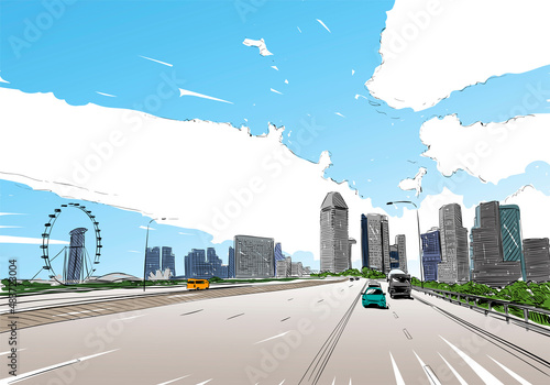 Singapore. Singapore Flyer. Unusual perspective hand drawn sketch. City vector illustration