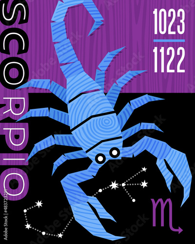 Zodiac sign Scorpio, Abstract retro design with scorpion, symbols and constellation. Horoscope and astrology poster. Vector illustration.