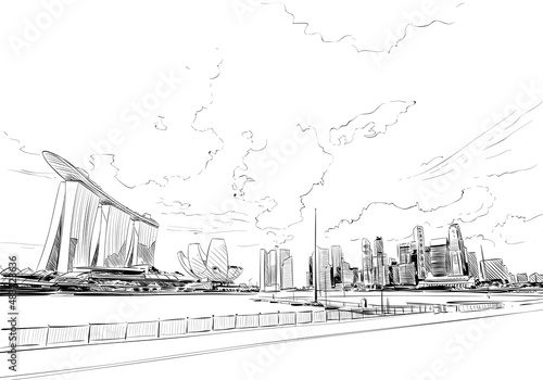 Singapore. Marina Bay Sands. Unusual perspective hand drawn sketch. City vector illustration