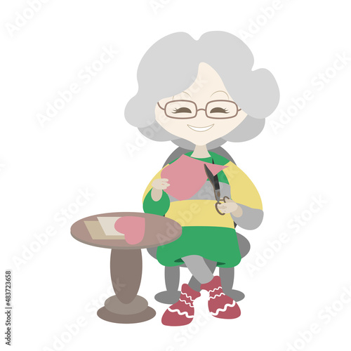 Senior lady sitting at the table with scissors and a valentine card. Simple flat style cartoon character female old age. Vector illustration. Valentine's day, love, romance, elderly person.