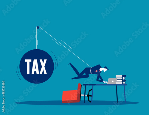 Working taxpayer business person being tied up burden. Business vector illustration