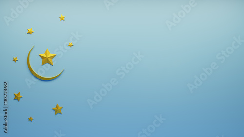 Eid Mubarak greeting. Ramadan Kareem post design with your text space. 3D rendering crescent moon.