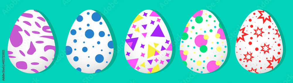 Easter eggs with different patterns. Set of 5 eggs with patterns. Bright colors. Geometric patterns. Festive decoration. Green background. Form and shadow. 