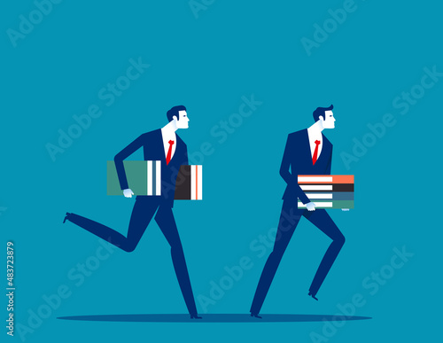 Business people run carry document folders working. Overwork stress concept
