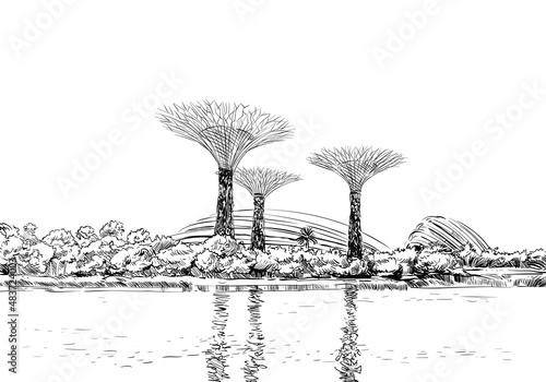 Singapore. Gardens by the Bay. Unusual perspective hand drawn sketch. City vector illustration