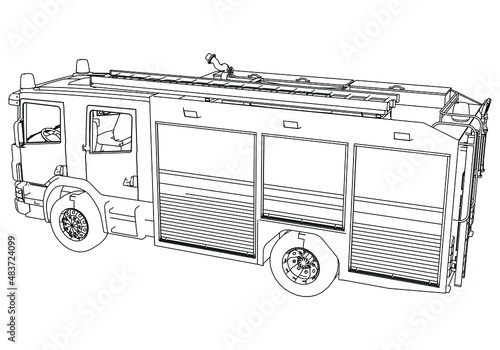 Fire engine truck crane realistic sketch. Fire truck template vector isolated on white.