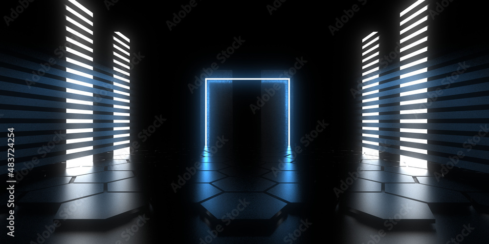 3D abstract background with neon lights. neon tunnel  .space construction . .3d illustration - obrazy, fototapety, plakaty 
