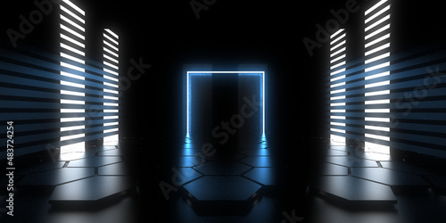 3D abstract background with neon lights. neon tunnel  .space construction . .3d illustration photo
