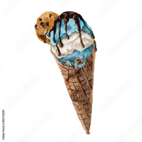 Watercolor waffle cone ice cream hand drawn illustration photo