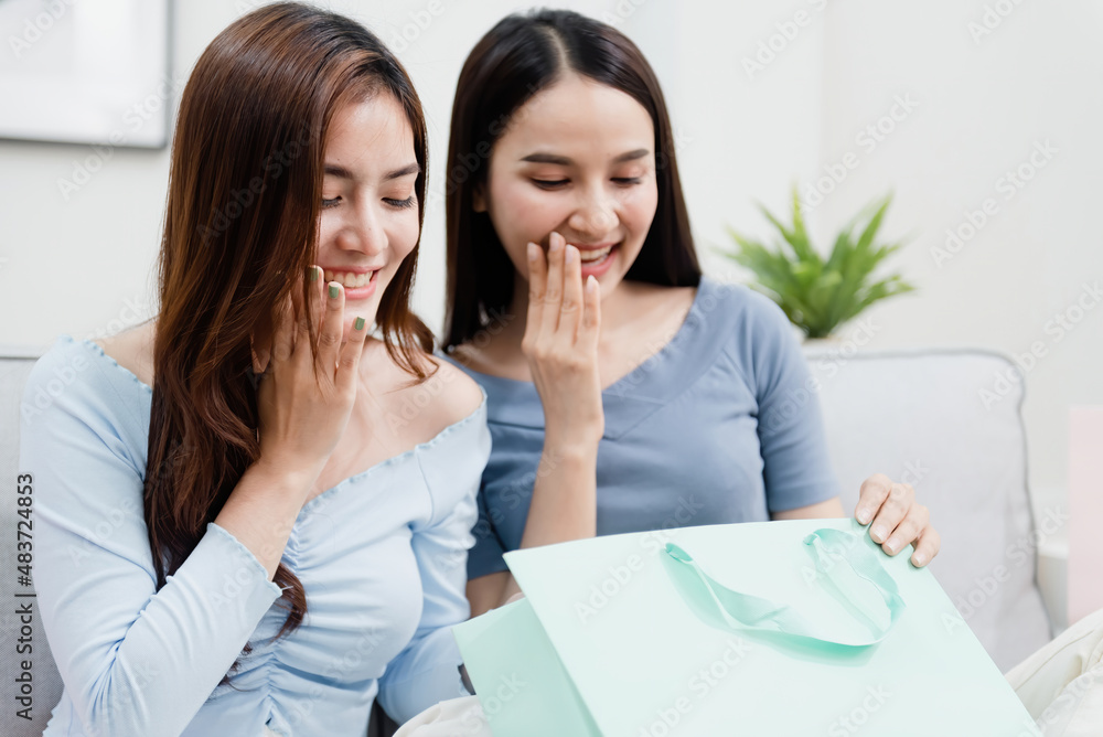 Two Asian beauty people opening the paper bag With a happy smiling face, being a new normal online business In the shopping experience from home Two Asian beauty people opening the paper bag With a happy smiling face, being a new normal online business In the shopping experience from home